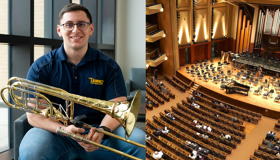 Eden Garza and interior of Benaroya Hall